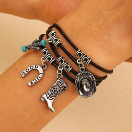 Niaspi Boho Cowboy Leather Bracelet for Woman Unisex Bohemian Vintage Cowgirl Boot Hat Cactus Horseshoe Drop Pendant Layered Texas Turquoise Birthstone Bracelets Adjustable Charm Holiday Jewelry