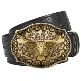 JASGOOD Western Leather Cowboy Belt for Men Women Longhorn Buckle Cowgirl Belt Floral Engraved Embossed Unisex Belt for Jeans，Black