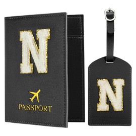 PATIKIL Passport Holder for Travel, Initial Passport Cover and Luggage Tag Set with Alphabet Chenille Letter Patch Travel Wallet Bag Suitcase Identifier for Women Family Travel Black N