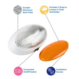 Lumitronics RV 12V LED Oval Porch Utility Light with On/Off Switch, Clear & Amber Lenses For Motorhomes, Campers, Trailers, 5th Wheels (White)