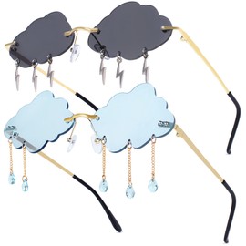 Aeergured 2 Pairs Cloud Shaped Sunglasses Rimless Tassel Lightning Cute Sunglasses Funny Trendy Vintage 90s Disco Glasses