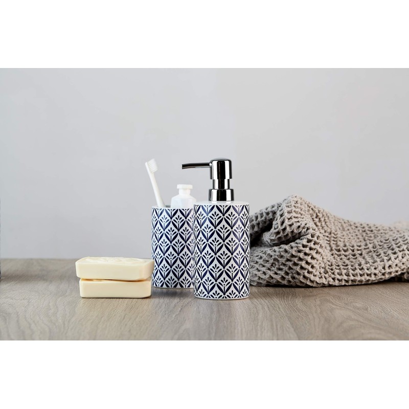 WENKO Lorca Ceramic Soap Dispenser, Blue, Dark Blue, 7 x 8.5 x