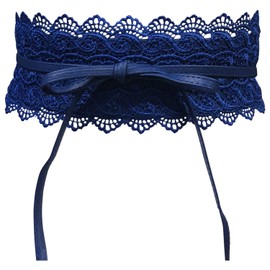 Women's Obi Belt Wide Lace Waist Band Faux Leather Cinch Tie up One Size Boho (Blue Lace)
