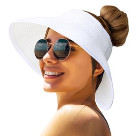 AGLIFEFY Sun Hats for Women Straw Roll-Up Wide Brim UV UPF Packable Foldable Travel Visor Beach Hat Pure-White