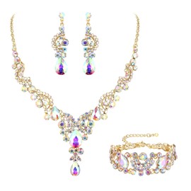EVER FAITH Crystal Jewellery Set, Wedding/Bridal Art Deco Floral Teardrop Necklace, Earrings and Bracelet Set, Rhinestone