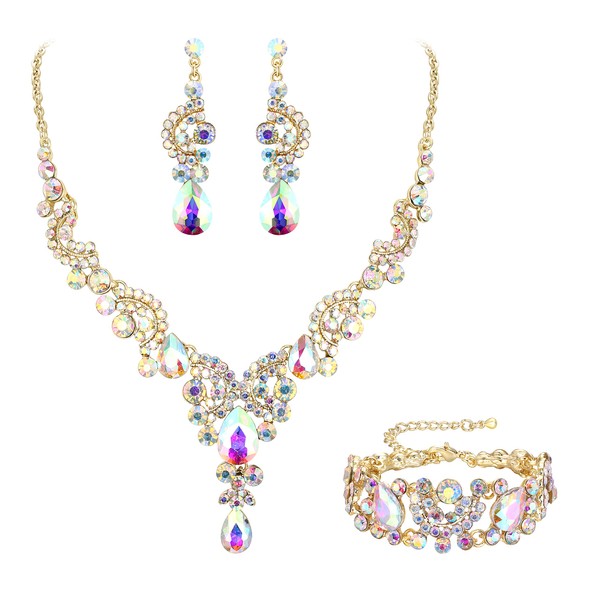 EVER FAITH Crystal Jewellery Set, Wedding/Bridal Art Deco Floral Teardrop