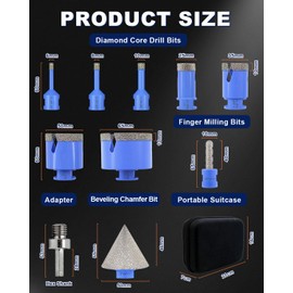 Diamond Tile Hole Saw Kit - 10Pcs 1/4'', 5/16'', 3/8'', 1'', 1-3/8'', 2'', 2-1/2'' Drill Bits, 3/8'' Finger Bit, 2'' Beveling Chamfer Bit, Adapter for Porcelain Tile Ceramic Granite Marble