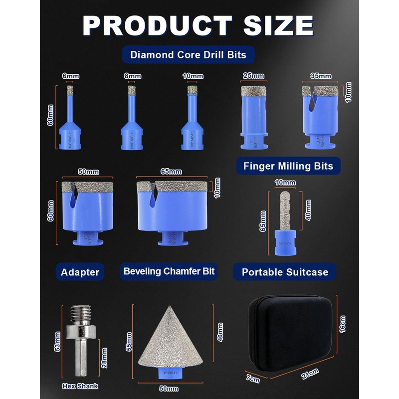 Diamond Tile Hole Saw Kit - 10Pcs 1/4'', 5/16'', 3/8'',