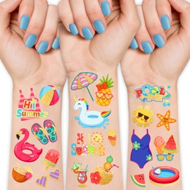 Waterproof Temporary Tattoos - 118pcs Groovy Fake Tattoo for Kids Swimming Party Supplies, Star Pool Sunglasses Summer Arts and Crafts for Boys or Girls 6 7 8 9 10 11 12 years old