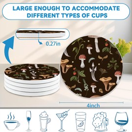 Drinks Coasters Set of 4, Mushroom Weeds Round 4" Cup Coasters, Absorbent Ceramic Stone Coasters with Cork Base, Cute Coasters for Table Home Décor, Ideal Gifts for Women Men