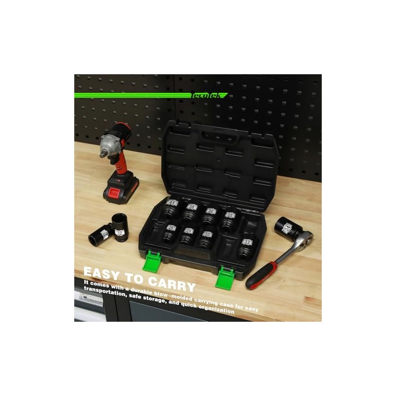 TecoTek 1/2" Drive Deep 6-Point Impact Socket Set, 11-Piece Deep