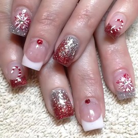 24Pcs Christmas French Tip Press on Nails Short Square Fake Nails Fireworks Design Glue on Nails Snowflake False Nails with Rhinestones Full Cover Glitter Acrylic Nails for Holiday Nail Tips