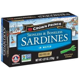 Crown Prince Skinless & Boneless Sardines in Water, EZ Peel lid w/Trident, 4.37 oz cans (Pack of 12)