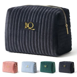 Elehui Travel Makeup Bag Quilted Make Up Pouch Initial Velvet Cosmetic Case with Butterfly Decorations for Women Cosmetics Complexion Skincare Products Tools Accessories Organizer Black Letter Q