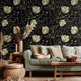 VEELIKE Black Floral Wallpaper Peel and Stick Boho Prepasted Dark Botanical Wallpaper for Bathroom Bedroom 17.7''x354'' Renter Friendly Removable Flower Wall Paper Floral Contact Paper for Cabinets