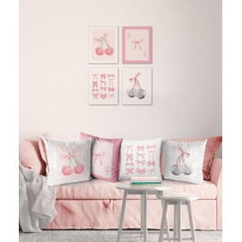 OGILRE Pink Coquette Trendy Aesthetic Cute Preppy Bedding Throw Pillow Cases, Throw Pillow Covers 18x18 Set of 4, Pink Bow Cherry Disco Ball Pillowcases for Teen Sofa Dorm Girls Bedroom