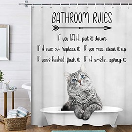 VeiVian Funny Cat Shower Curtain, Hilarious Cat Kitten Fabric Gary Grey Shower Curtain Set Motivational Inspirational Educational Bathroom Rules Shower Curtain for Kids 70X70IN