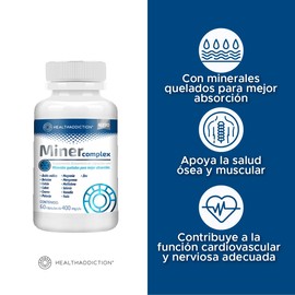 HEALTHADDICTION | Miner Complex Multimineral De Minerales Quelados. Magnesio, Zinc, Manganeso, Potasio, Ácido Málico, Betaina, Calcio, cobre, Cromo, Molibdeno, Selenio, Vanadio y Yodo. 60 Cápsulas