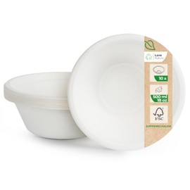 Love Nature Disposable Soup Bowls, 500 ml, Made of Sugar Cane, Pack of 10, Ecological Soup Plates, Disposable Compostable Bowls for Parties and Picnics