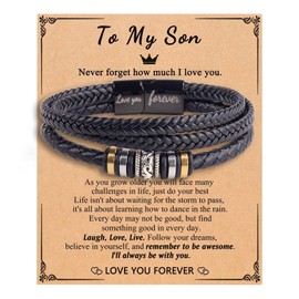 DIOWUS To My Son Man Boyfriend Husband Dear Dad Always Remember Bracelet, Trendy Simple Black Three Layered Stacked Braided Leather Bracelet Holiday Jewelry Gifts, Medium, Stone, no gemstone