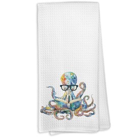 VRW Funny Coastal Beach Octopus Kitchen Dish Towels, Funny Octopus Reading Book Hand Tea Towels for Kitchen Bathroom Decorations, Book Lovers Reader Bookish Towels Gifts for Women, 16x24 Inches