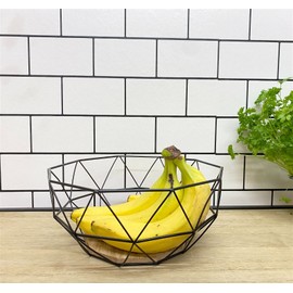 Black Geometric Metal Wire Wooden Base Decorative Storage/ Display Basket Fruit Bowl