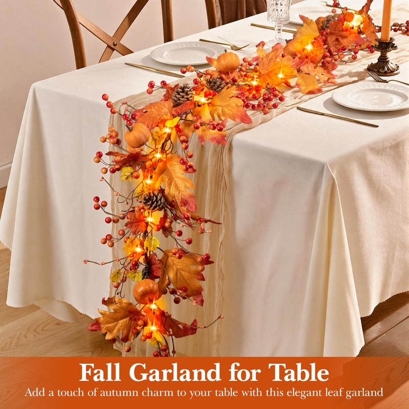 6 FT Fall Garland with 20 Lights & Timer, Pre-lit