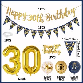 30th Birthday Decorations Men Blue Gold Happy 30th Birthday Banner, 30th Birthday Balloons, Navy Blue Gold Latex Balloons Party Decorations Confetti Balloons for Men 30 Birthday Party Supplies