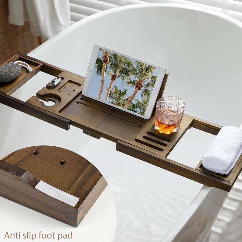 Realgulf Teak Bathtub Tray | Adjustable Width Tray with Wine