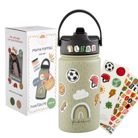 Mama Poppins Germany Children's Drinking Bottle Stainless Steel 420 ml with Straw, Leak-proof and BPA-Free, Suitable for Children from 3 Years, Dishwasher Safe (Olive Green)