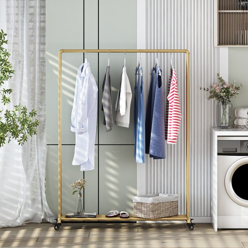FONECHIN Industrial Gold Clothing Racks on Wheels, Boutique Display Gold