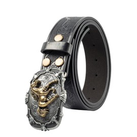 GENEMEN Western Cowboy Horse Buckle Belt for Men Women Cowgirl Floral Engraved Embossed Leather Belt for Jeans (A Black Horse, 120)