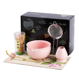 Matcha Set, Matcha Whisk Set Includes Matcha Bowl, Matcha Whisk and Holder, Bamboo Scoop, Scoop Rest, Sifter, Tea Towel- 7 Pcs Matcha Kit for Women Men Girl Friend Home Kitchen Decor Gifts (Pink)