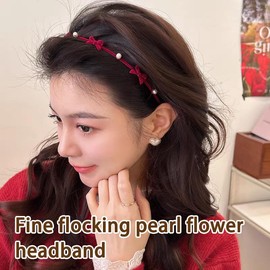 YangQian Red Bowknot Headband with Pearl Headpiece for Women Girls Bow Head Band for Girls Pearl Hair Decorations for Women Wedding Party Prom