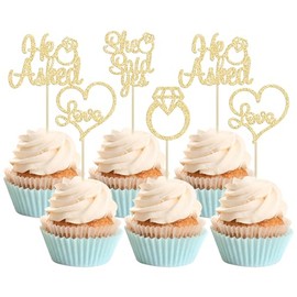 Gyufise He Asked She Said Yes Cupcake Toppers - Anillo de diamantes con purpurina dorada para decoración de tartas de amor, corazón, para boda, compromiso, fiesta, decoración de pasteles, paquete de