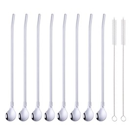 SBOMHS Reusable Straws Spoons 18/8 Stainless Steel Pack of 8 Straw Spoons with 2 Brushes Cocktail Latte Macchiato Spoon 21.5 cm (Silver)