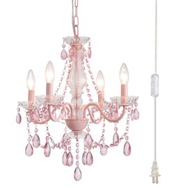 Plug in Crystal Pink Chandelier, Not acrylic Crystal,Mini 4 Lights for Girls Room,Pink Crystals Hanging Pendant Light with Clear Cord and On/Off, Chandelier for wedding, Kitchen, Dining,Foyer,Island