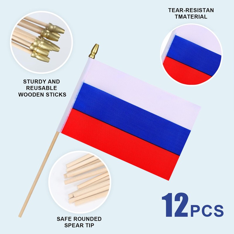 HSQCEZ 12Pcs Small Russia Flags on Wooden Stick Mini Russians