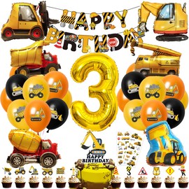 Cadimus Excavator Decoration Children's Birthday 3, Birthday Decoration 3 Years Boy, Construction Site Birthday Decoration, Digger Decoration with Digger Happy Birthday Banner, Foil Balloons 3 Years