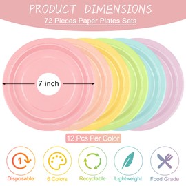 Kochorie 72 Pieces Pastel Rainbow Paper Plates 7 Inch Bulk Paper Plates Disposable Party Tableware Heavy Duty Table Decors Party Supplies for Birthday, Dinner, Wedding