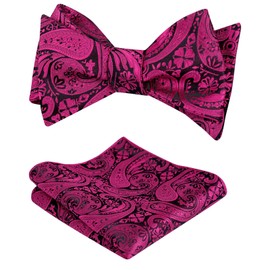 Alizeal Men Self-tied Paisley Bow Tie and Pocket Square Set, Black+Hot Pink