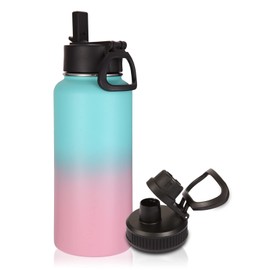 Volhoply 1 Litre Insulated Water Bottle with Straw Lid & Spout Lid,Stainless Steel Sports Water Bottle,Double Wall Vacuum Thermos,Leak Proof Wide Mouth Metal Flask,Keeps Cold or Hot(Green Pink,1)
