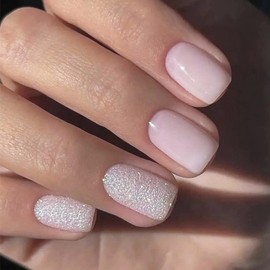 French False Nails Short, Nude Pink Full Cover Fake Nails Artificial Square Press on Nails, French Tip Short Square, Acrylic Fake Nails with Glitter Design for Women and Girls Nail Art（24 PCS）