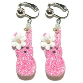 Cute Pink Easter Peep Bunny CLIP ON Dangle Earrings (H383clip)
