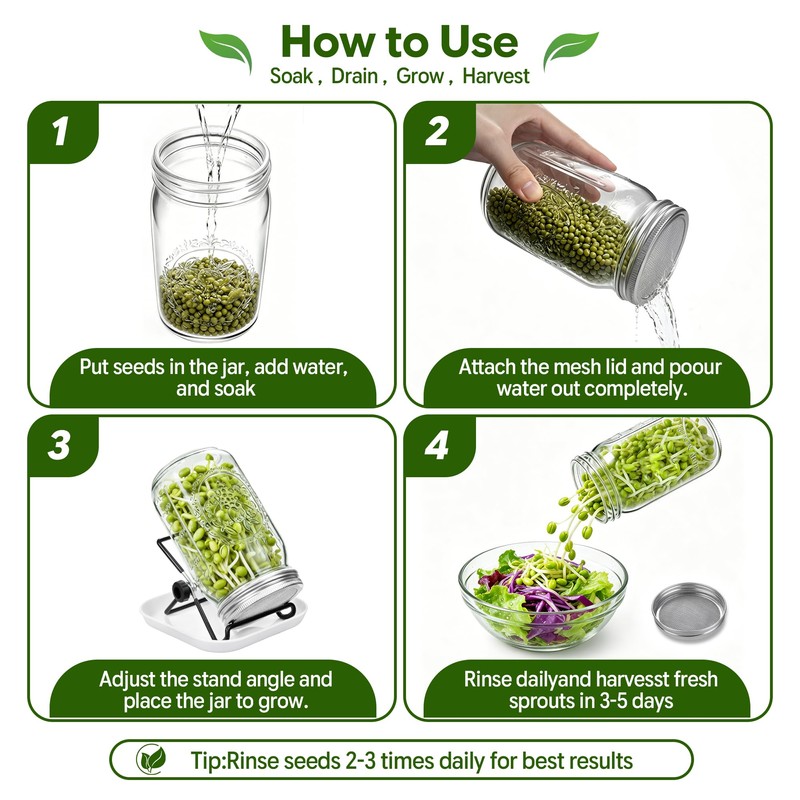 4 Pack Sprouting Jar Kit with Wide Mouth Mason Jars,Lids,Stands,Trays