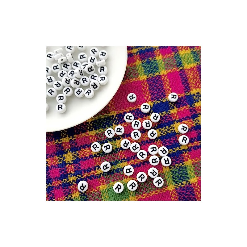 Amaney Letter Beads R 100pcs 7×4mm White Round Acrylic Black