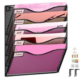 ideallife 5 Pockets Mesh Wall File Holder Organizer Office Hanging File Folder Magazine Rack, Nametag Label Hooks Set Included, Black Large Mesh