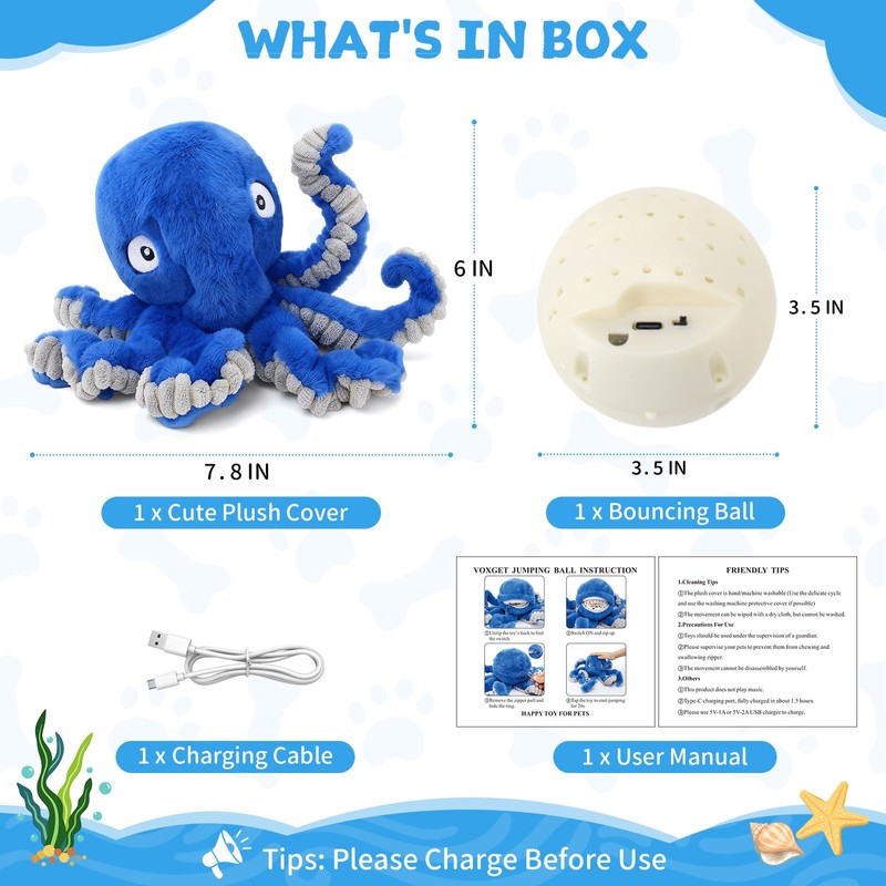 VOXGET Interactive Dog Octopus Toy, Upgrade Automatic 1.5H Jumping Ball