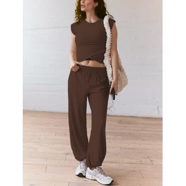 Outfeel Women 2 Piece Outfit Set Loungewear Cropped Tops and Jogger Sweatpant Matching Set Coordinated Sweatsuit with Pockets Coffee Small
