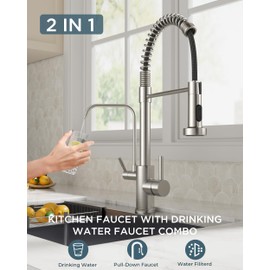 FORIOUS Kitchen Faucet with Purfied Water Filter, 2 in 1 Commercial Stainless Steel Pull Down Sink Faucet and Drinking Water Faucet 2 Handle for Pot Filler Kitchen Sink Farmhouse Bar, Brushed Nickel